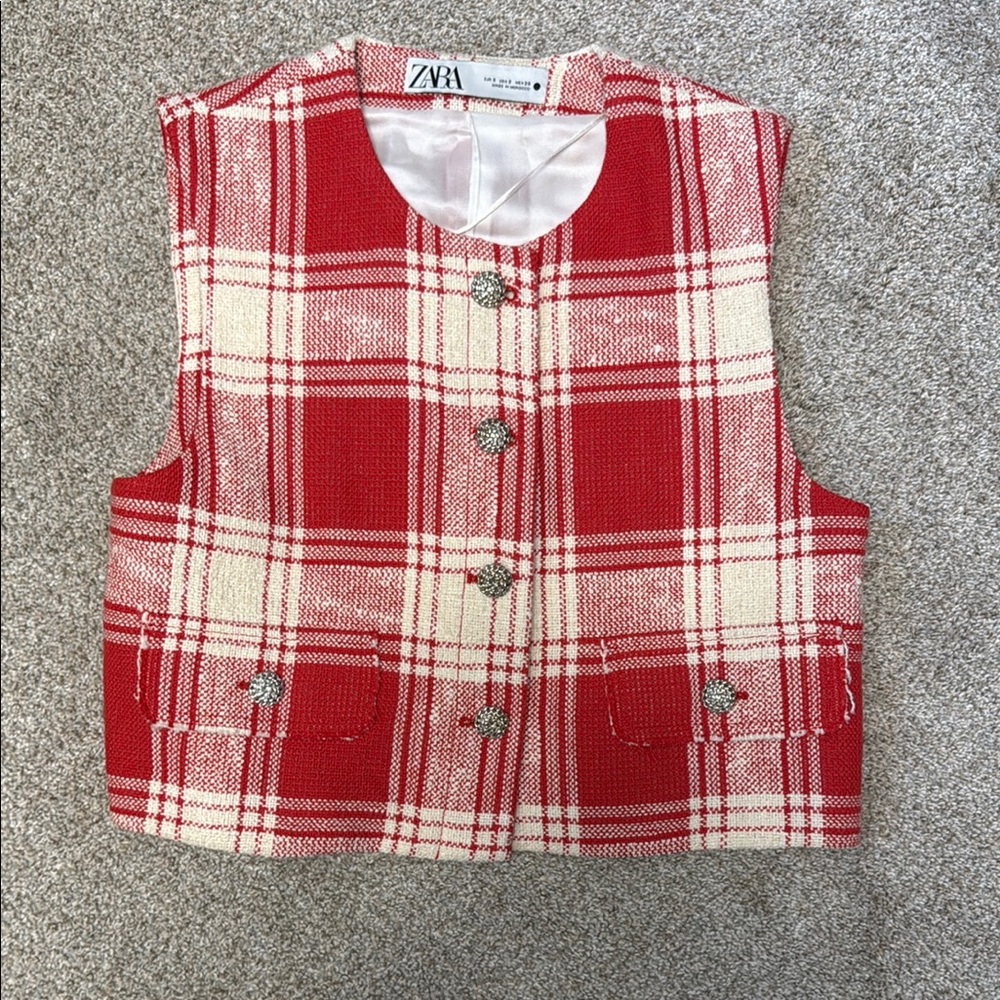 Zara Red and White Plaid Vest